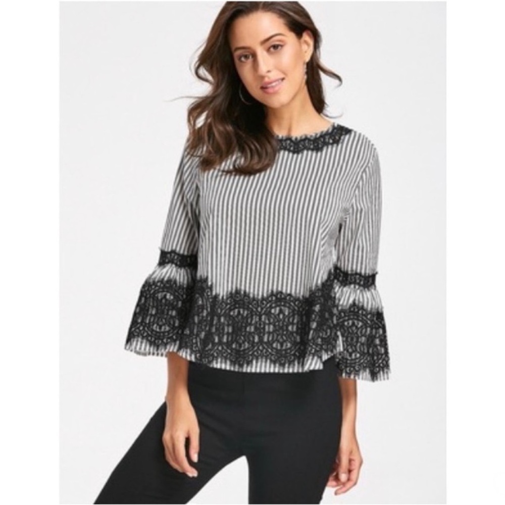 ZARA WOMAN Black Striped Lace Panel Bell Sleeve Blouse